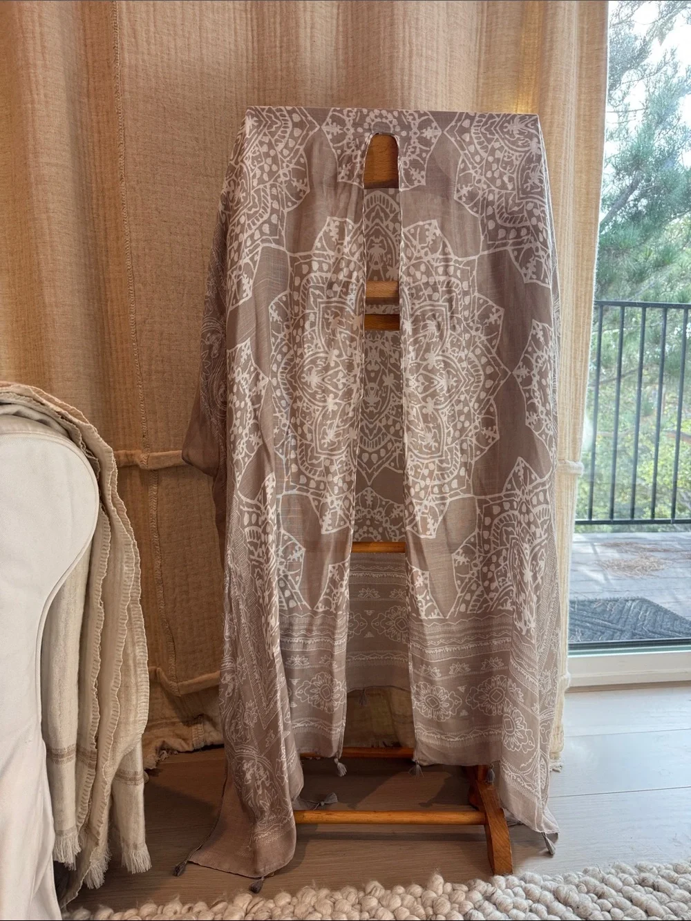 Neutral Taupe Mandala Throw with Intricate White Pattern